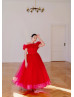 Off Shoulder Bright Pink Lace Tulle Flower Girl Dress